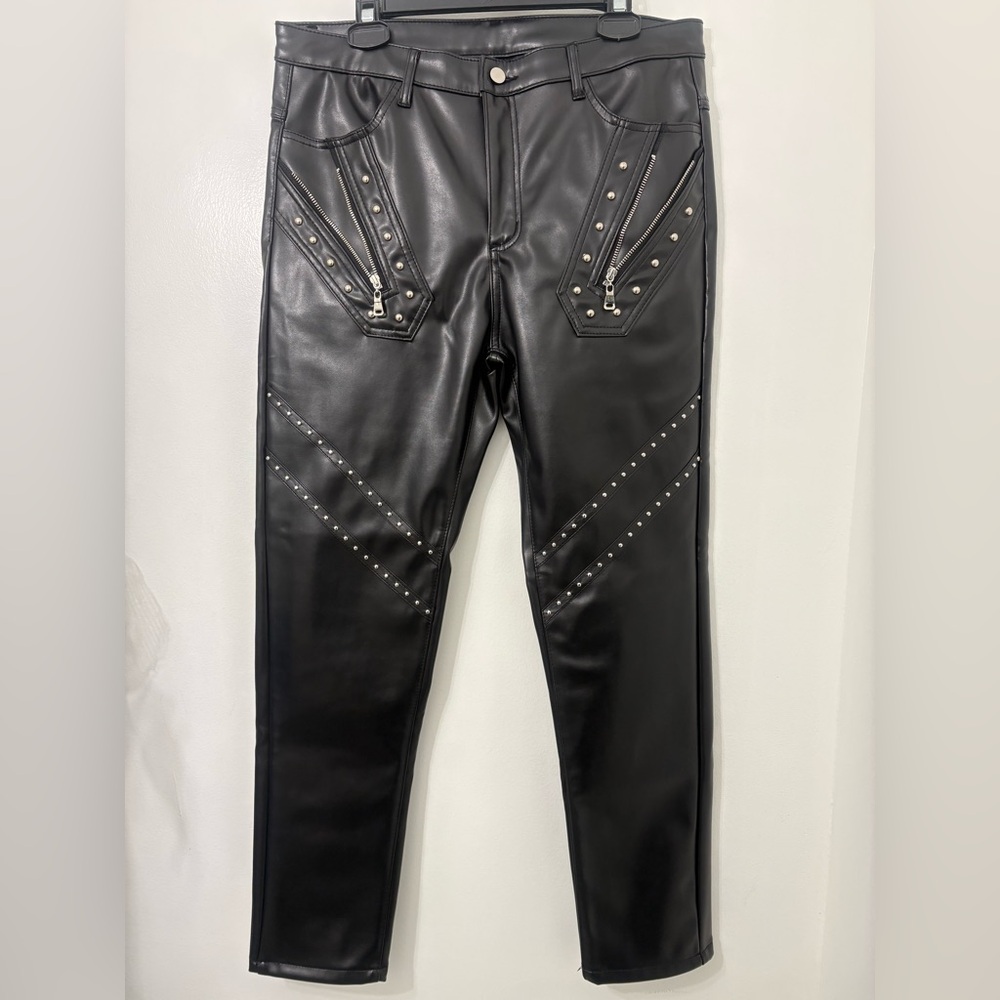 Black Faux Leather Pants With Metal stud And Zipper Details - Size 34 Unbranded